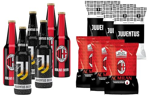 Bombeer PARTITA MILA.N VS JUVENTU.S 6 Bottiglie da 33cl + 6 Patatine da 25gr - 3 Bottiglie e 3 Patatine per Squadra - Birra Originale By Christian Vieri - Puro Malto Bottiglie di Vetro - Made in Italy