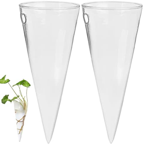 Glass Wall Vase 2PCS 5.9 Inch Cone Shape Wall Flower Vase Hanging Hydroponic Wall Vases for Flowers Decorative Wall Planter for Indoor Plants Bathroom Home Office Living Room Wall Vases for Flowers Wa