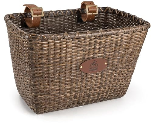 KONG MING CAR Fahrradkorb – Retro Design, Robuster Lenkerkorb aus Rattan mit Holzunterlage & Lederträgern, ideal als Fahrradkorb vorne (Dunkelbraun)