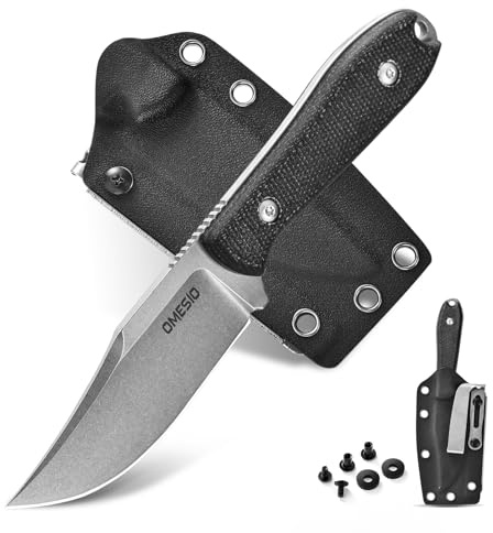 Omesio Coltello da Caccia Piccolo con Fodero | Acciaio D2 7,8cm (Punta Clip) | Manico Micarta | Coltello da Cintura | Campeggio, Sopravvivenza, Escursione