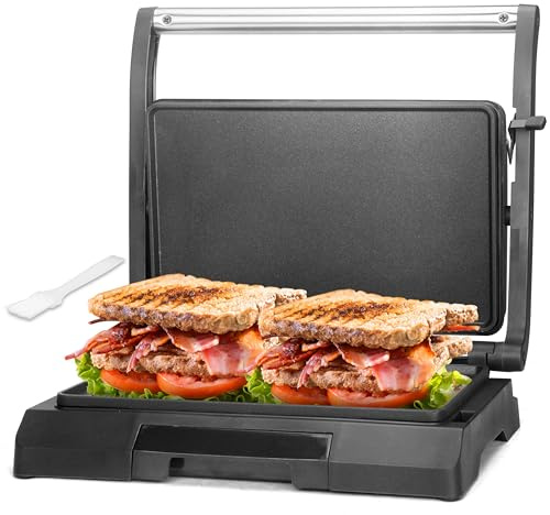 Baker's Friend 2-Slices Panini Press Sandwich Maker, Griddle Press, Electric Griddle Indoor, Panini Maker Cast Iron with Oil Tray, Pancakes & Eggs, Stainless Steel, UK Plug