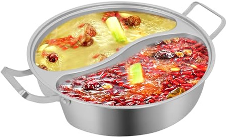 WUSILILU Double-flavor Hot Pot, 5L Stainless Steel Hot Pot with Divider and Clear Lid Divided Stockpot for Gas Hob Induction Hob Electric Ceramic Hob Electric Heater (12.6 * 3.5 inch)
