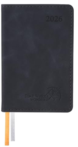 POPRUN Mini Taschenkalender 2026 Klein 12 x 8 cm - auf Deutsch - Kalender 2026 A7 Softcover mit PU-Leder - Terminplaner mit 70 GSM Papier - Schwarz
