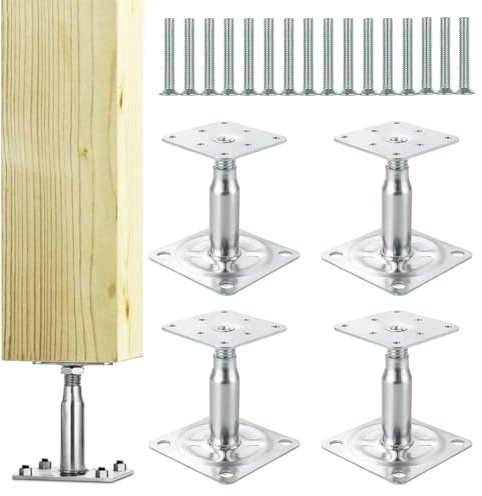Stolphållare, höjdjusterbar, uppsättning av 4 stolpar med 16 skruvar, 100–150 mm justerbara, tjocka lager, passiviserade, galvaniserade