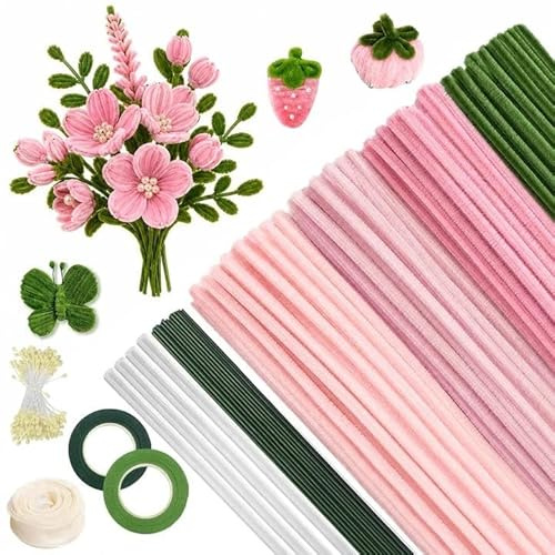 400 Stück Bouquet Pfeifenreiniger Blumen Set 30cm Pfeifenputzer zum Basteln | 4 Farben Pipe Cleaner, Rosa Pfeifenreiniger Chenilledraht für Geschenk zum Muttertag Valentinstag Weihnachten DIY Basteln