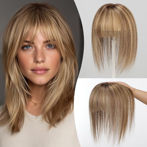 EMMOR 10 Zoll Echthaar Haarteil für Frauen – Verbesserte Schweizer Spitzenbasis mit 3 rutschfesten Clips, 4,5 x 3 Clip-in Pony für dünner werdendes Haar(Ombre Braun mit blonden Strähnen)