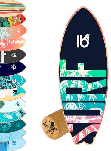 Balance Board IBOARDS – Balance Board Surfbrett – PEFC Buchenholz, rutschfeste Oberfläche, recycelte Korkrolle – 80 × 30 × 3 cm – Sommerpaket mit 13 einzigartigen Designs (Surfer)