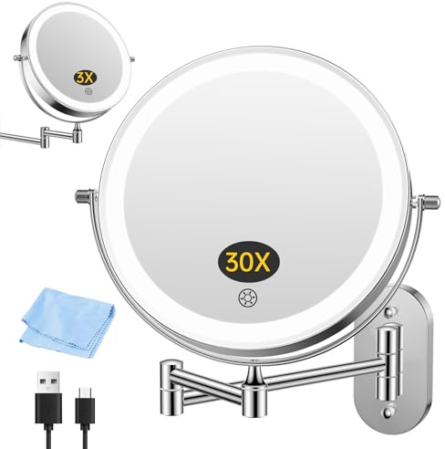 FUNTOUCH Wiederaufladbar Kosmetikspiegel mit Beleuchtetung 3X30X | Vergrößerung Wandmontage, Dimmbarer Rasierspiegel 3 Farben, Touchscreen, 360° Drehbar, Schminkspiegel für Badezimmer