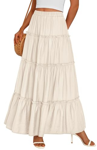 PRETTYGARDEN Boho Maxi Skirts for Women Trendy Summer 2026 Spring Long Flowy A Line Tiered Skirt Beach Vacation Clothes Dress (Beige,Medium)