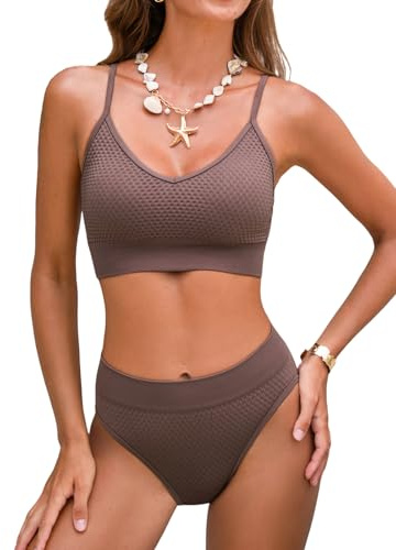CUPSHE Women's Bikini Sets Two Piece Swimsuit Sporty Mid Rise Scoop Neck Adjustable Spaghetti Straps Textured Midkini, M Taupe Brown