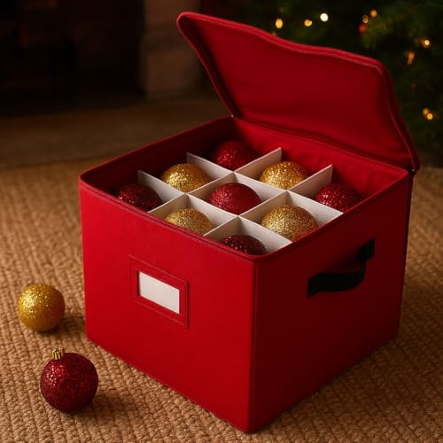 Scatola Natalizia Porta Palline e Addobbi 30×30×30 cm in Tessuto Oxford Rosso – Pieghevole con 27 Scomparti per Decorazioni, Palline e Oggetti Natalizi – Scatola Salvaspazio Robusta e Lavabile