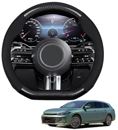 Aojiek Auto Lenkradbezug D-Form für Passat B9 2024 2025 Kohlefaser und Mikrofaser PU Leder Lenkradhülle Atmungsaktiv Anti-Rutsch Sommer Winter Auto Zubehör Interieur(Black)
