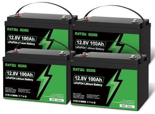 DATOUBOSS Batería de Litio 12V 100Ah, Batería LiFePO4 12V con BMS 100A, Protección contra Bajas Temperaturas, Máx. 15000 Ciclos, para Sistemas Solares, Barcos, Caravanas, Camping (12V-100A-4PCS)