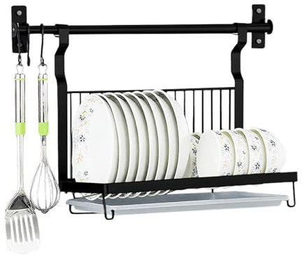 BOOMLATU Abtropfgestell Faltbar Hängend Abtropfständer mit Stange Geschirrtrockner zum aufhängen Geschirrständer Klappbar Edelstahl Abtropfregal Geschirr Teller Relingsystem Wand Dish Drying Schwarz
