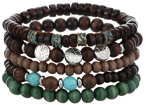 Ouligay 5PCS Mens Beaded Bracelet Multilayer Wooden Beads Bracelet | Stackable Elastic Wristband Gothic Bracelet for Country Concerts, Cowgirl Outfits & Boho Jewelry Gifts