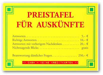 modern times Postkarte LUSTIG - Motiv: PREISTAFEL FÜR AUSKÜNFTE, Anlass: Textkarten Fun, Künstler/Verlag: ECKI DESIGN, Größe: A6