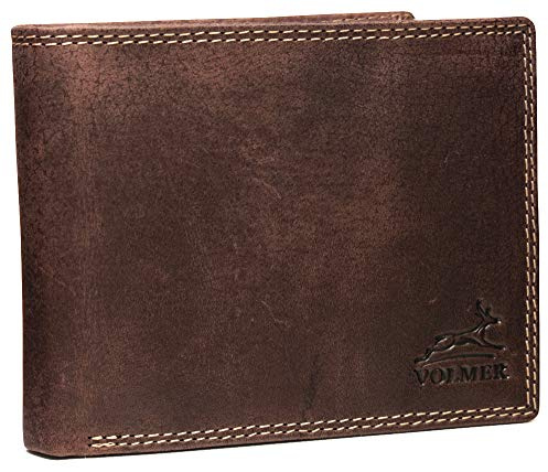 Fa.Volmer ® Leder Geldbörse Herren mit RFID-Schutz - geöltes Büffelleder, extra-stabile Doppelnaht, Vintage-Look - 10 Fächer für Kreditkarten - Querformat - Braun