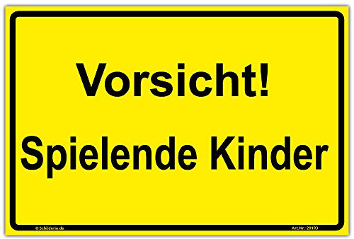Schild Vorsicht! Spielende Kinder Hinweisschild 300x200 mm gelb,Querformat, stabile Aluminiumverbundplatte 3mm stark - inkl. 4 Eckbohrungen
