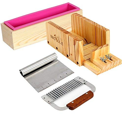 Juego de 4 moldes de madera ajustables para hacer jabón hecho a mano, 2 cuchillas de acero inoxidable y molde de silicona rectangular