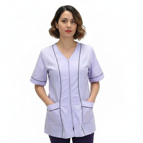 Camici da Lavoro Donna,Casacca Donna con Zip,Pulizie, Estetista, parrucchiera maestra Asilo(XL, Glicine)