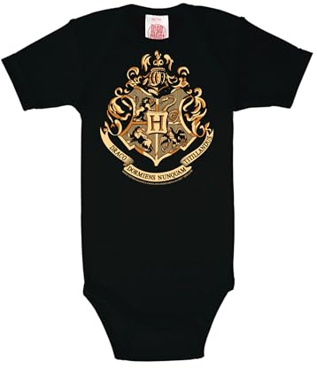 Logoshirt® Harry Potter I Hogwarts I Emblem I Baby Body Print I Kurzarm I Kleinkind I Mädchen & Jungen I schwarz I Lizenziertes Originaldesign I Größe 98/104
