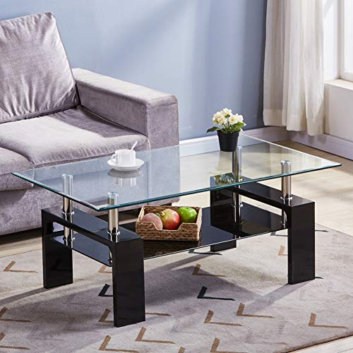 GOLDFAN Couchtisch Glas Rechteckiger Wohnzimmertisch Glas Couchtisch Schwarz Hochglanz Kaffetisch Geeignet für Wohnzimmer Private Entspannungsbereiche zu Hause kleine Büros, Schwarz