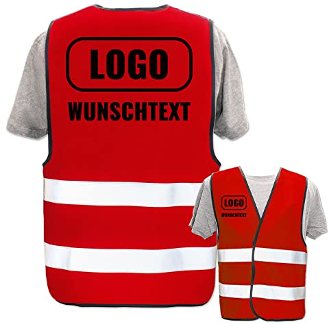 Warnweste selbst gestalten mit eigenem Aufdruck * Bedruckt mit Name Text Bild Logo Firma, Position & Druckart:Rücken + Front/Standard-Druck, Farbe & Größe:Rot/Größe M/L