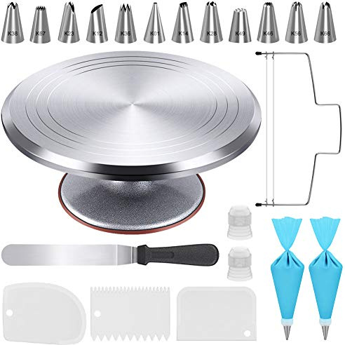 Kootek 22pcs Cake Decorating Supplies Kit, Baking Tools with 12 Aluminium Cake Turntable Rotating Cake Stand, Piping Bags and Tips Set, Icing Spatula, Cake Leveler, 3 Icing Scrapers for Mother's Day