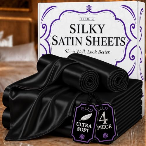 DECOLURE Satin Bed Sheets - 4 Piece Luxury Silky King Size Bedding Set - Softer Than Silk, Wrinkle-Free with 15” Deep Pocket Fitted Sheet, Perfect for Hair & Skin, Gifts for Women (Black)