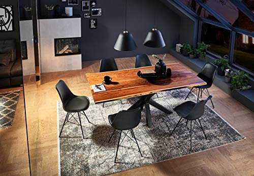 SAM 7 TLG. Essgruppe Quincy 200 x 100 cm, Akazienholz massiv & nussbaumfarben, Baumkantentisch mit Spider-Gestell Schwarz + 6 x Stuhl Lerche schwarz