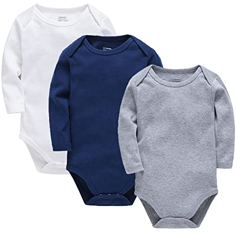 wocharm Long Sleeve Baby Bodysuit Vests Infant Solid Clothes for Boys and Girls 3 Pack(Navy Blue+Grey+White,9-12Months)