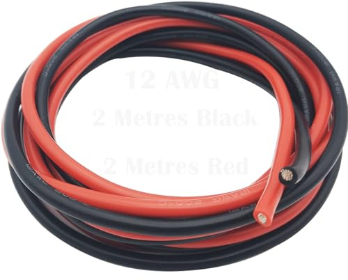 CESFONJER Cable de silicona de 12 AWG, Cable de cobre estañado flexible resistencia a alta temperatura, para RC Coche, avión no tripulado, batería de avión, etc [2 metros negro y 2 metros rojo]