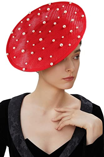 Coucoland Fascinator Hut Cocktail Tee Party Fascinator Stirnband Vintage Kentucky Derby Fascinator für Hochzeit, Rote Perle, Einheitsgröße