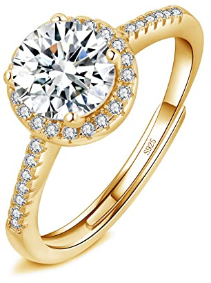 Josfeva Silver Rings for Women Ladies, Bride Wedding Engagement Ring for Love Promise, 925 Sterling Silver Adjustable Diamond Ring, Romantic Anniversary Round Gold Rings for Couples Girls Gifts
