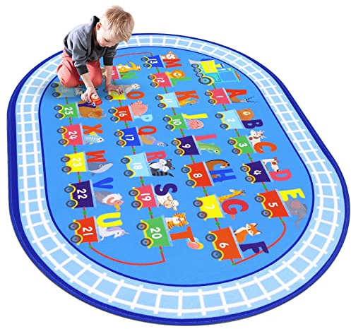 HiiARug Kids Carpet Playmat Rug ABC Alphabet, Numbers, Train and Road Themed Playing Educational Classroom Rug Fun Game Play Area Rug for Kids Bedroom, Toddler Classroom and Baby Playroom Decor