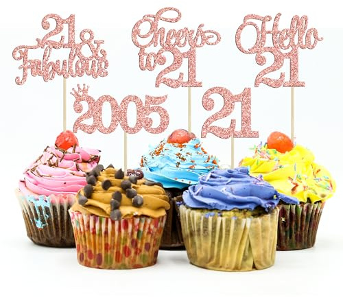 Gyufise 30Pcs 21st Birthday Cupcake Toppers Hello 21 Cupcake Picks 2005 Cupcake Topper for Happy 21st Birthday Anniversary Party Cake Decorations Supplies Rose Gold