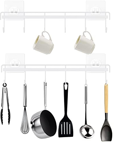 Kitchen Utensil Holder Hangers with 6 Hooks, No Drilling, 2 Pack, White | Space Saving Wall Utensils Hooks Holder, Wall Mounted Adhesive Hook Rack for Kitchen Bathroom Bedroom