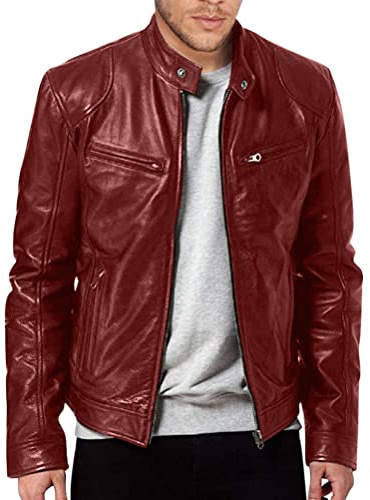 Oanviso Giacca di Pelle da Uomo Moda Giacca Pelle PU Primavera Giubbotto con Cerniera Giacca Casual Slim Fit Jacke con Tasche Moto Jacket Giubbotto in Similpelle Colore Solido A Rosso S
