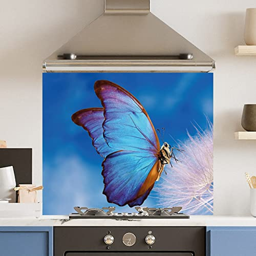 Premium 90 cm x 75 cm Blue Butterfly Glass 6mm Kitchen Splashback Heat Resistant Toughened Polished Edges - Back Splash Back Coloured Hob Painted Tempered Splashback