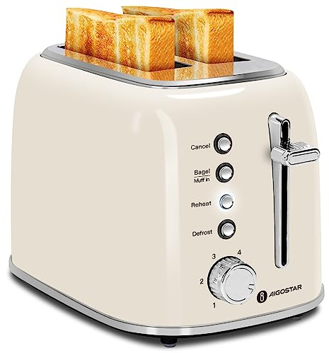 Aigostar Toaster 2 Slice, Retro Extra-Wide Slot Toasters Best Rated Prime for Toasting Bagels, Breads, Waffles & More, Cancel, Defrost & 6 Browning, Removable Crumb Tray, Stainless Steel, Cream White