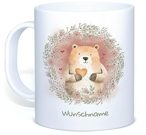 Tassendruck Kinder-Tasse mit Tiermotiv Bär - Wunschname selbst gestalten - Für Mädchen & Jungen, Kindergeschenke - BPA-freie Kunststoff-Tasse, 300 ml | Personalisiertes Geschenk für Kinder