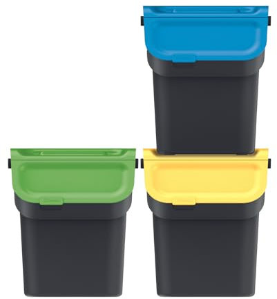 Keden Kaddi Q Waste Separation System 3x20L Set with Activated Carbon Filter, Waste Separation Container with Lid Recycling Bin Sorting Basket container Rubbish Bin made of Plastic Black