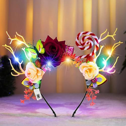 Zoestar Weihnachts-Stirnband, LED-Geweih, leuchtende Blumen, Haarbänder, Schmetterlinge, Weihnachts-Party, Kostüm, Haarschmuck für Damen (A)