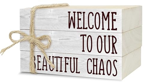 Decorative Books For Home Decor, Rustic Wood Book Stack For Table Decor, Welcome To Our Beautiful Chaos Decor Books For Living Room Bookshelf, Farmhouse Stacked Books Decor (L20)