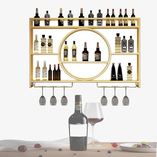 Gold/Schwarzes Weinregal zur Wandmontage, Barregale mit Weinglashalter, Likörregal, Minibar, Glasregale, Whiskey-Regal, Wand-Barschrank, Likörflaschen-Ausstellungsregal für Café, Küche, Restaurant