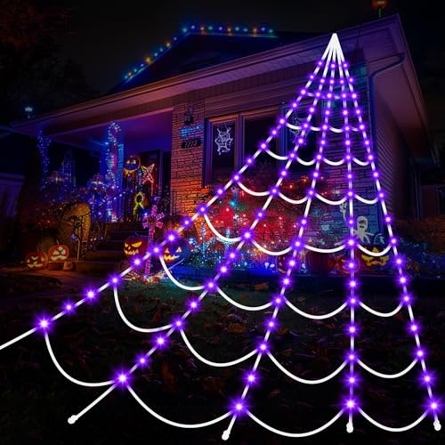 Halloween Decorations Spider Webs Lights: 150 Purple LED Halloween Lights Decor, 17.4Ft Giant Spiderweb with 8 Lighting Modes Waterproof & Timer, Yard Spider Web Decoration
