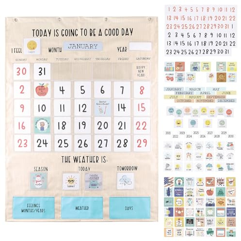 The Peanutshell Learning Calendar Wall Chart - Homeschool Supplies, Interactive Pocket Chart for Toddlers & Kids - Preschool Learning Activity Board, Circle Time Board for Classroom - Good Day