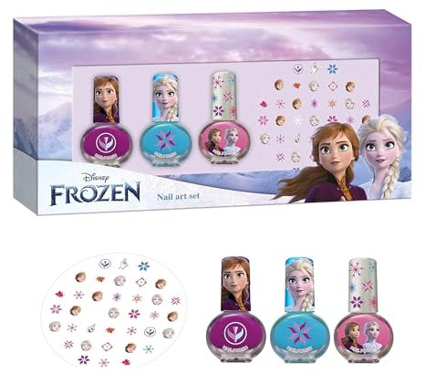 Disney Frozen Nail Art Set for Girls - Complete Nail Decoration Kit with 3 Nail Polishes (Sky Blue, Neon Pink, Bright Pink), Nail Stickers, - Best Gift for Kids Aged 3+