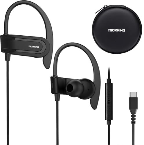 Auriculares USB C con cable para iPhone 15, iPad, Samsung, Google y otros teléfonos Android USBC, auriculares tipo C con gancho sobre la oreja, micrófono, control de volumen y funda para auriculares
