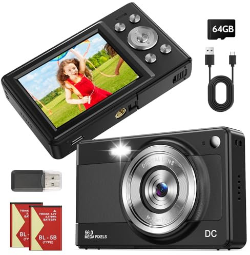 Appareil Photo Numérique Compact, 56MP HD 1080P Compact Caméra pour Étudiant, Adulte, Débutant Cadeau, avec Carte 32GB, 2,8 Pouces, 2 Batteries